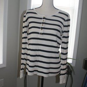 NAVY AND CREAM STRIPE WAFFLE HENLEY SZ L